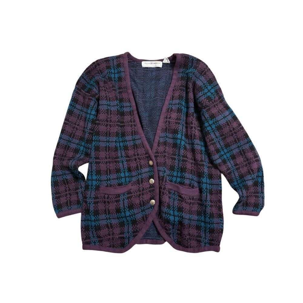 Vintage Maggie Lawrence Plaid Acrylic Purple Sweater Cardigan Oversized Small